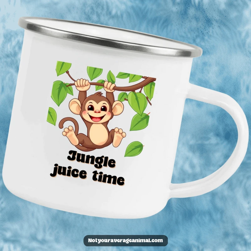 Funny camping mug featuring a mischievous monkey grinning while swinging from a vine, perfect for outdoor fun.