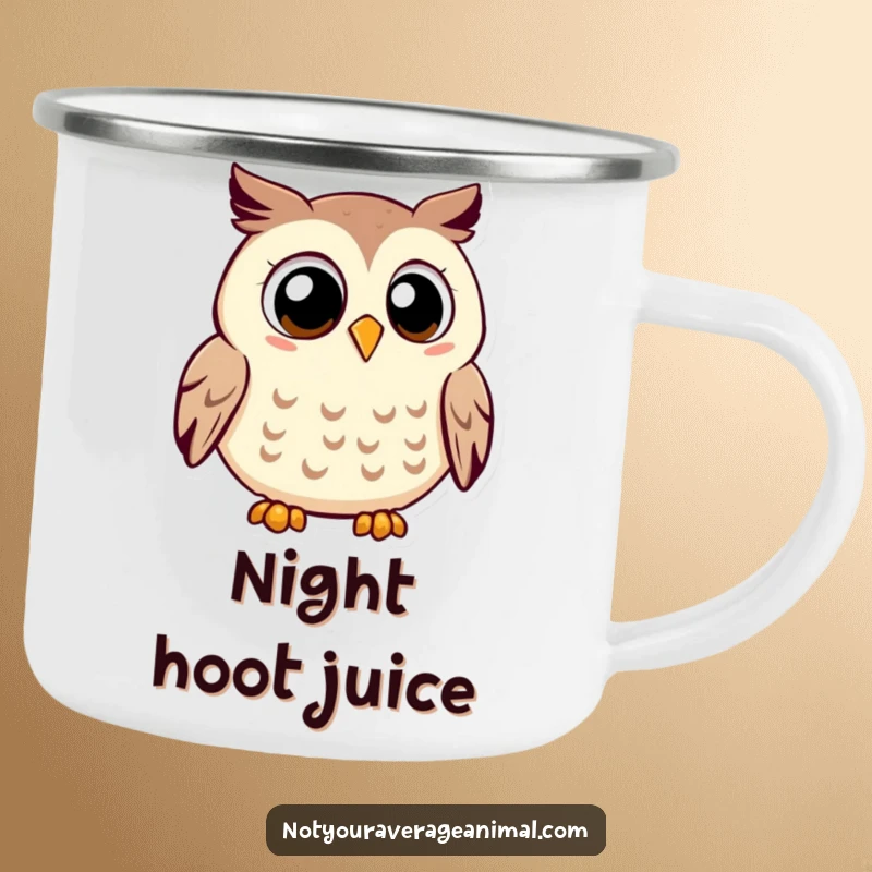 Funny owl camping mug showing a smiling owl with large eyes, contentedly hooting, designed for outdoor enjoyment.