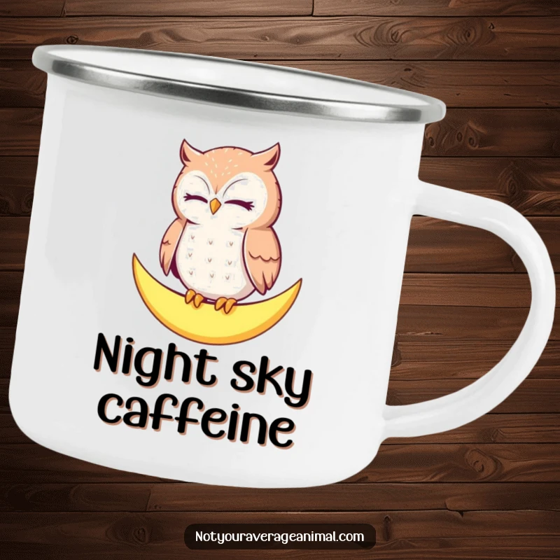 Funny Owl Moon Camping Mug: A contented owl blinks slowly, perched on a crescent moon, ready for your outdoor adventures.