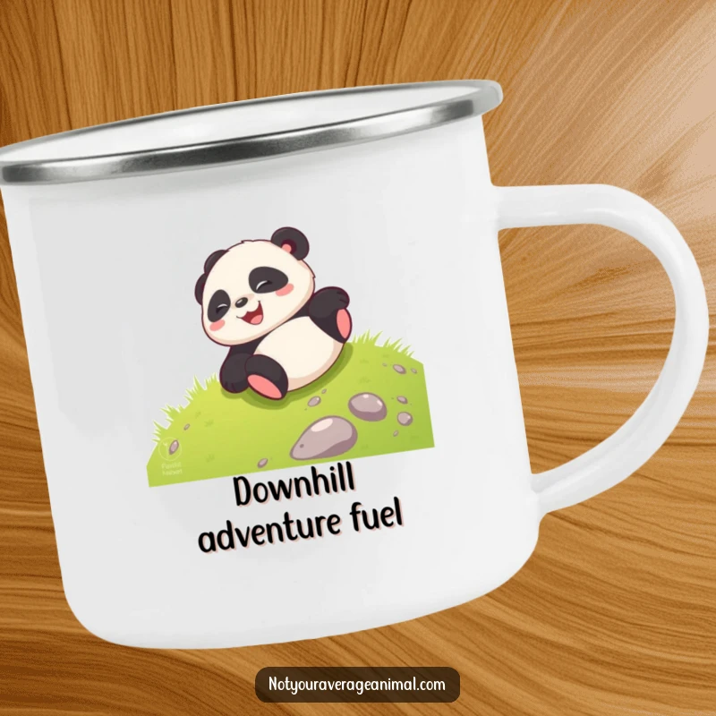 Funny giggling panda cub joyfully rolling down a grassy hill, designed for durable outdoor camping mugs.