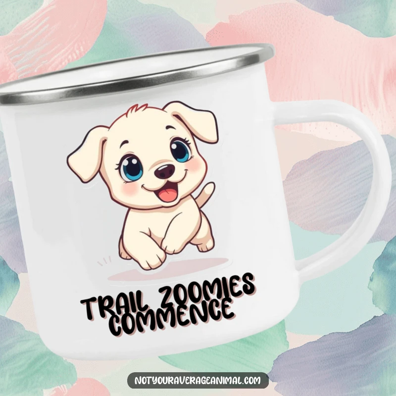 Funny puppy camping mug with a small dog with wide, excited eyes, comically chasing its tail, durable for outdoor fun.