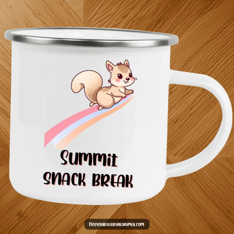 Funny squirrel camping mug with a mischievous squirrel sliding down a rainbow, designed for outdoor lovers who appreciate whimsical art.
