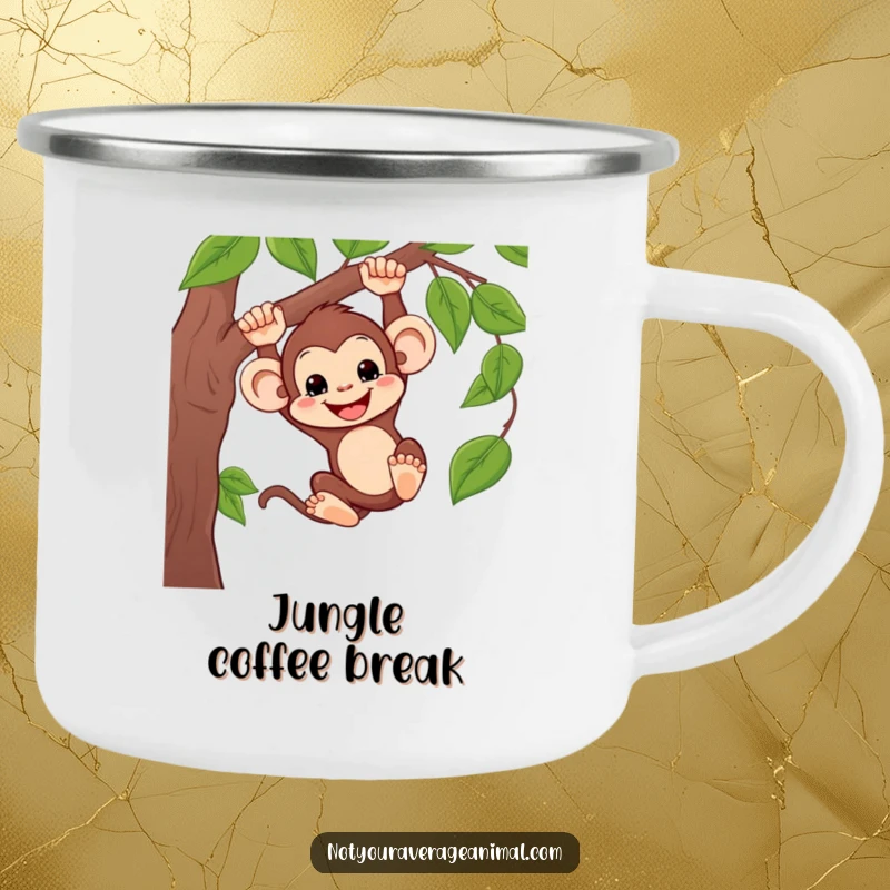 Funny camping mug featuring a silly monkey swinging from a vine, perfect for enjoying drinks during outdoor adventures with a humorous touch.