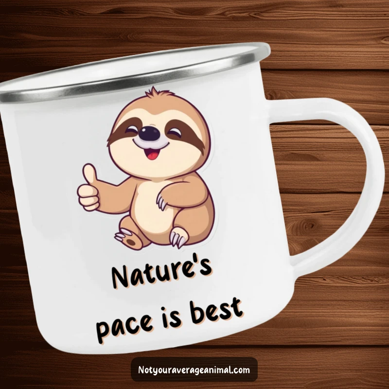 Funny sloth camping mug with a delighted character giving a slow thumbs-up, perfect for humorous outdoor enthusiasts.