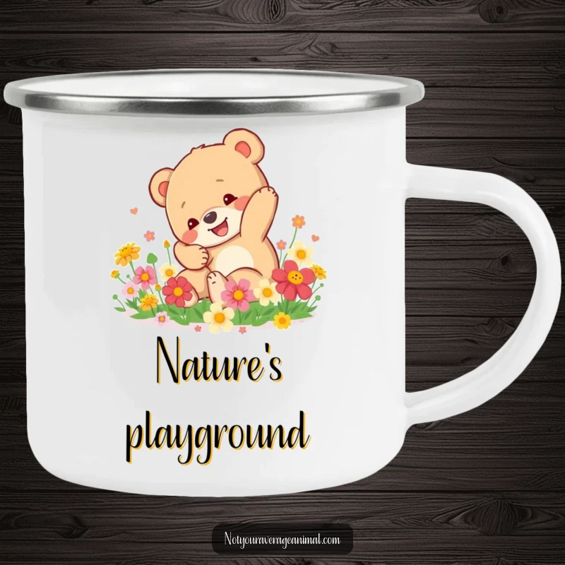 Funny Bear Cub Camping Mug: A happy bear cub tumbles in bright flowers, ideal for enjoying beverages during outdoor escapades.