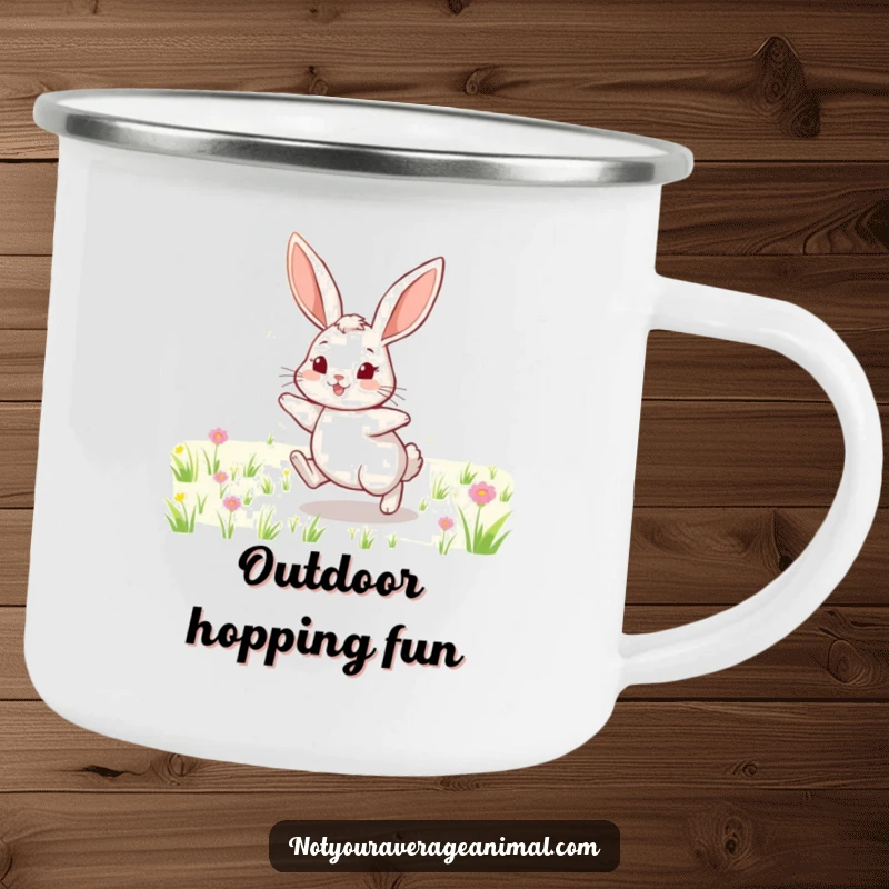 Funny camping mug featuring a cheerful rabbit with long ears, hopping through a field, perfect for outdoor nature enjoyment.