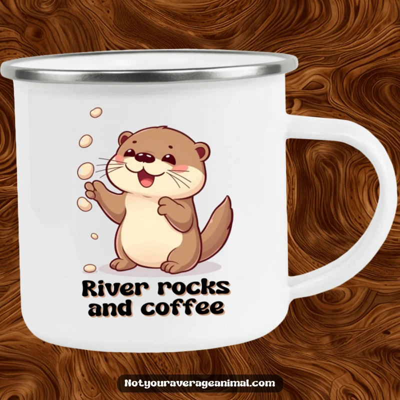Funny camping mug featuring a curious otter delightedly juggling shiny pebbles, perfect for playful outdoor moments.
