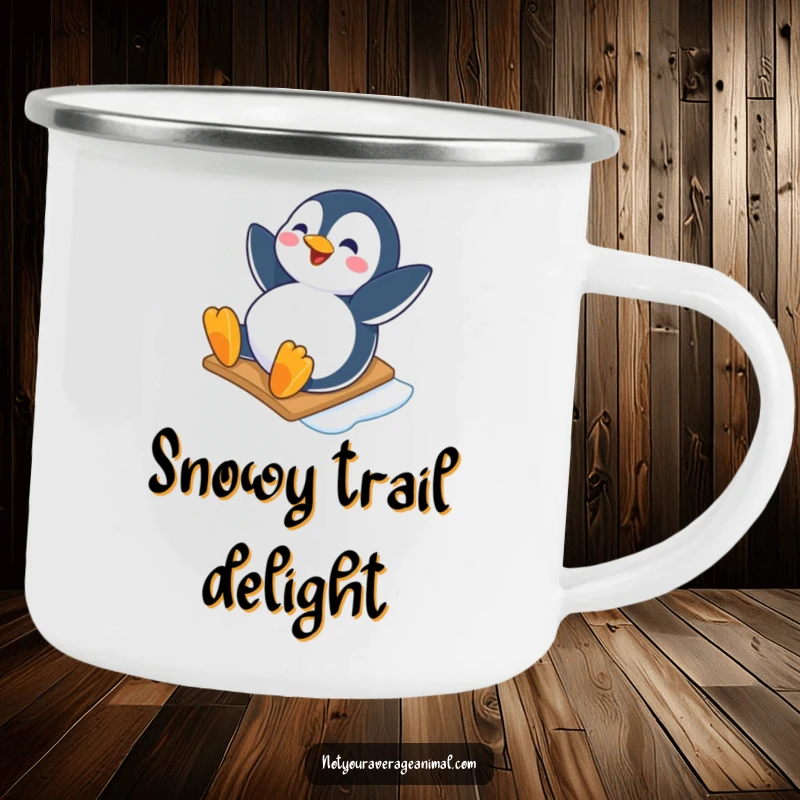 Funny camping mug featuring a happy penguin character sliding down an icy slope with joy, perfect for cheerful outdoor trips.