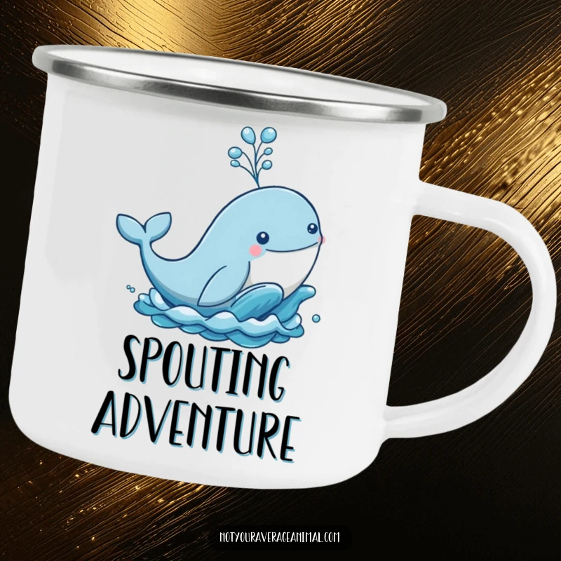 Funny camping mug depicting a whale breaching the ocean waves with a water spout, durable and humorous for outdoor use.