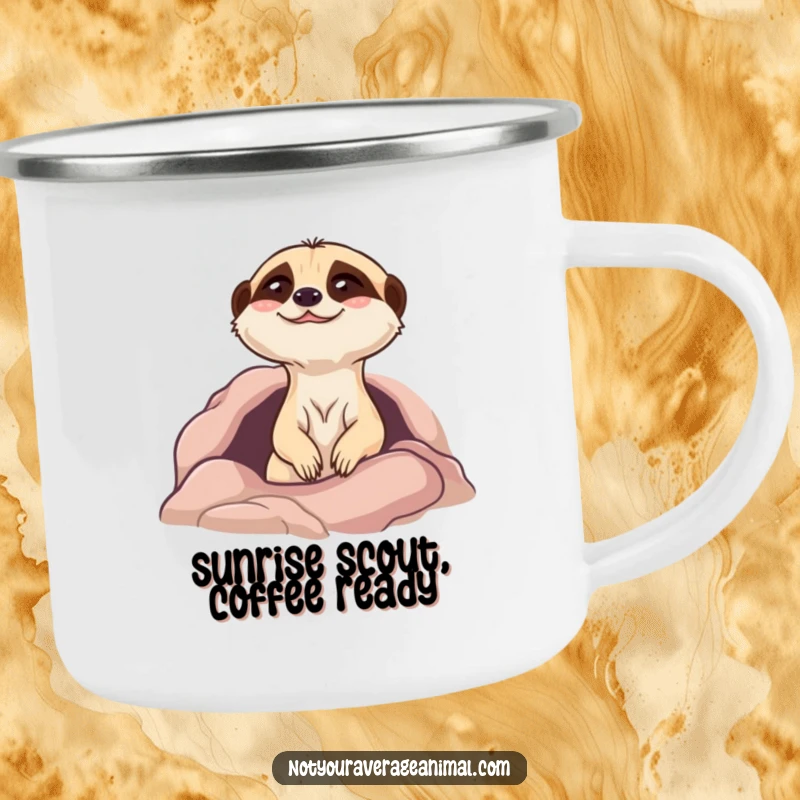 Funny meerkat camping mug featuring a giggling character peeking from its burrow, perfect for enjoying drinks outdoors.