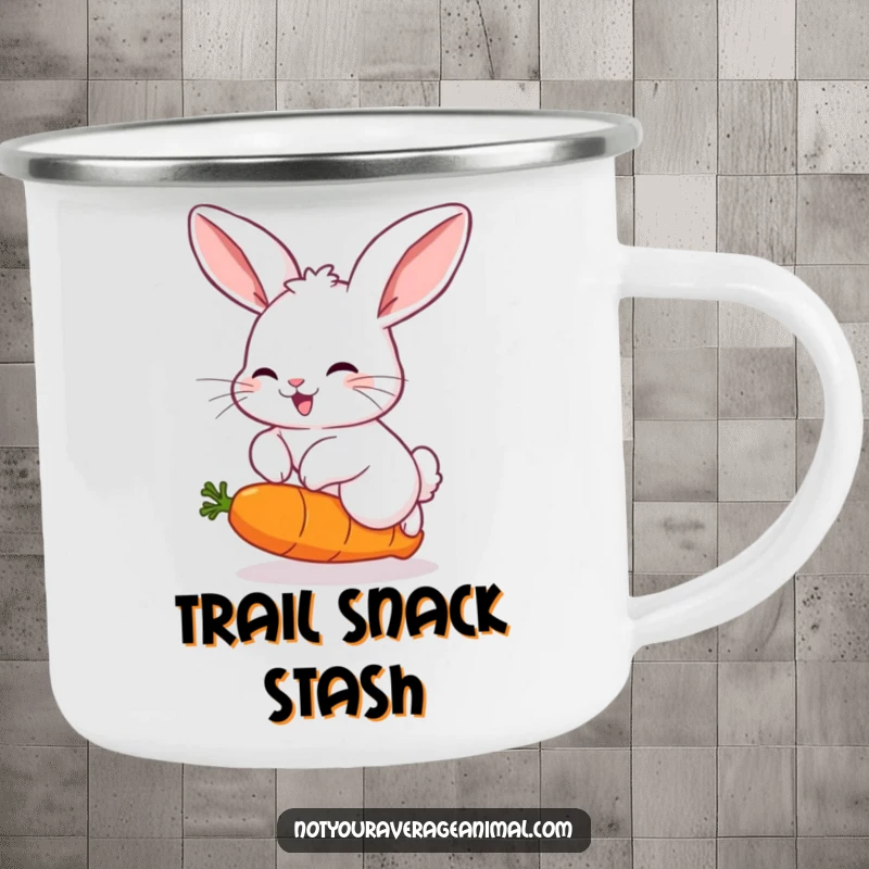 Funny enamel camping mug with a fluffy rabbit with big ears, joyfully hopping over a funny, bouncing carrot, ready for any adventure.