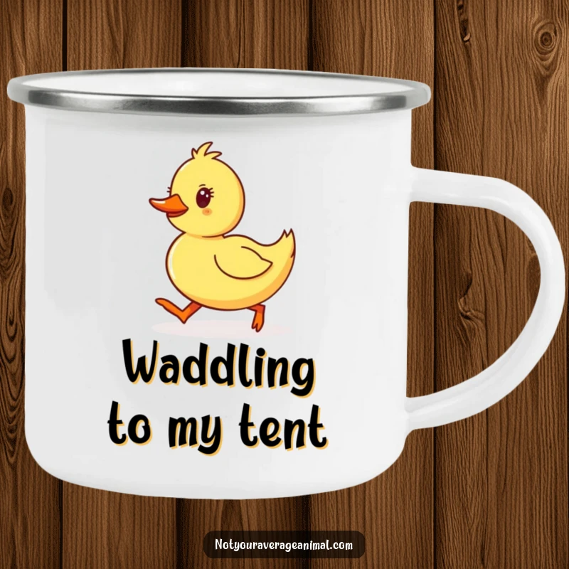Funny Duckling Camping Mug featuring a yellow duckling waddling with determined, happy steps, ready for outdoor fun.