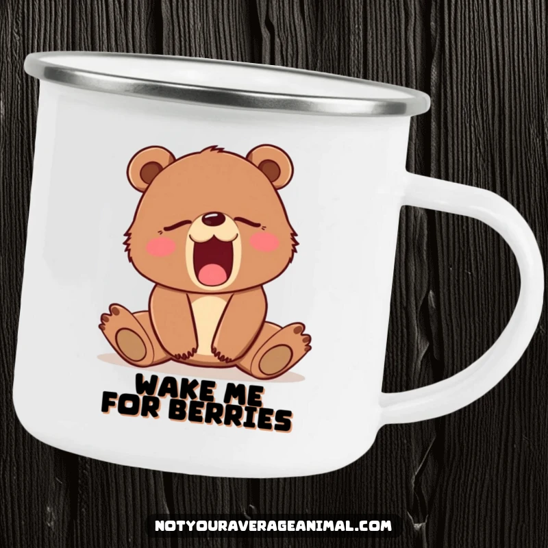 Funny camping mug featuring a sleepy brown bear cub yawning during an outdoor scene. Great for coffee lovers.