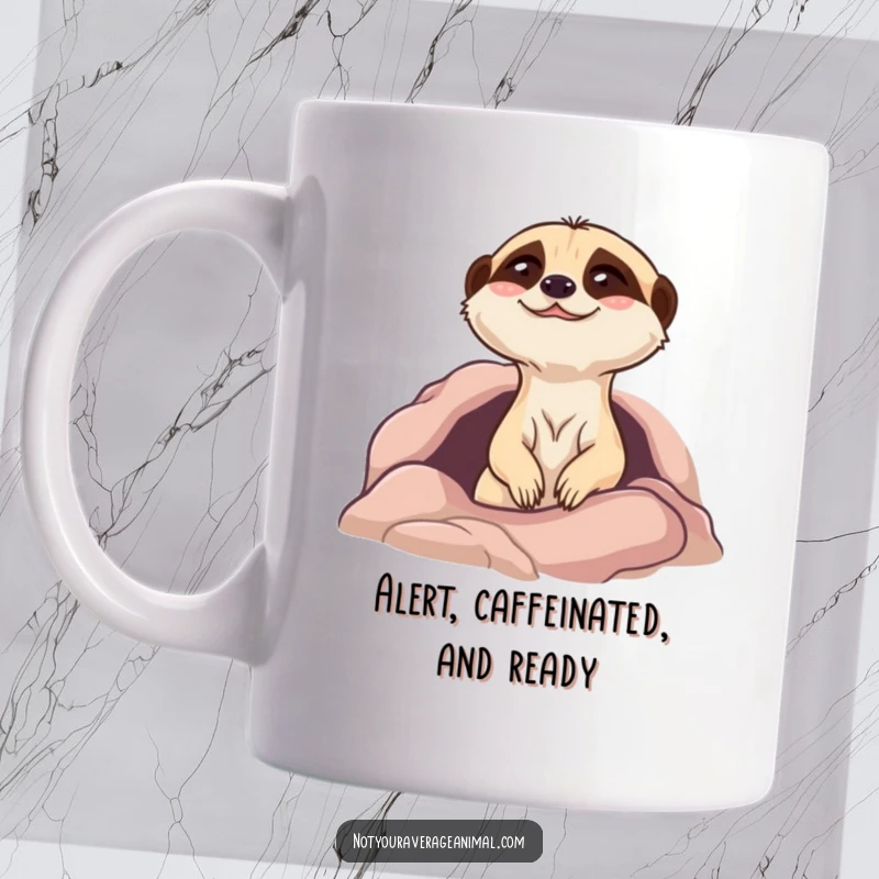 Funny meerkat mug with a giggling character peeking out of its burrow, looking mischievous and full of joy.