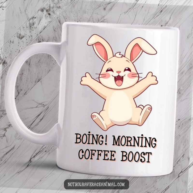 Funny mug featuring a thrilled bunny mid-air, ears flopped backward in ecstatic joy, capturing a moment of pure, unadulterated fun.