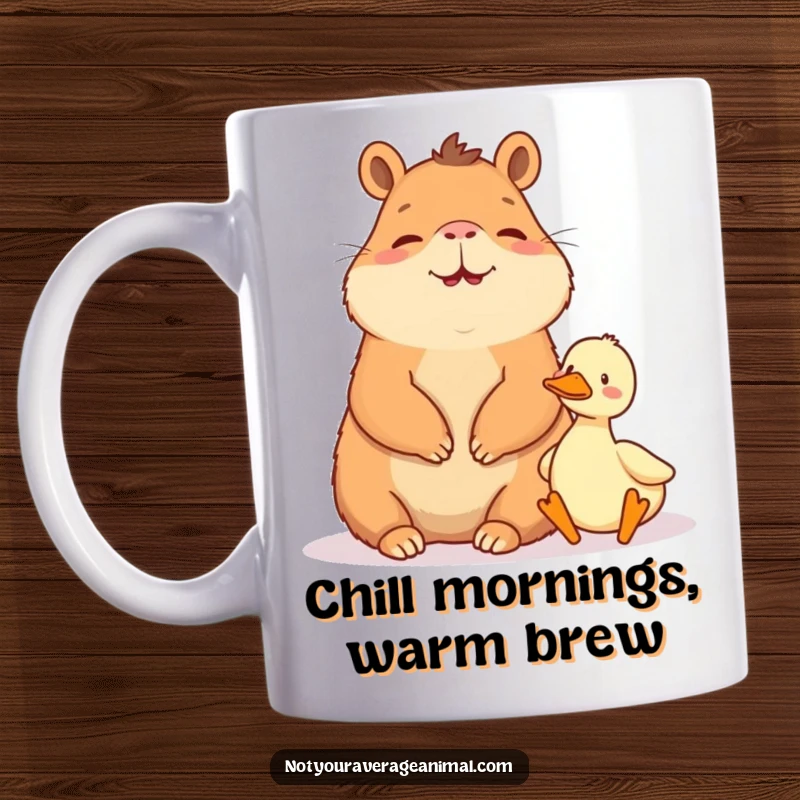 Funny mug: A giggling capybara sits calmly next to a tiny, friendly duck, radiating peace.