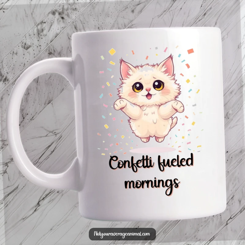 Funny fluffy cat mug with huge expressive eyes joyfully leaping through a vibrant shower of confetti. A whimsical and humorous gift.