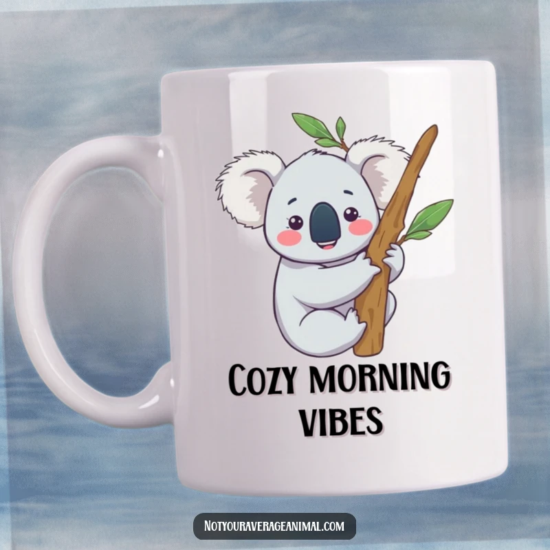 Funny mug of a content koala character happily hugging a eucalyptus branch, radiating pure joy and peacefulness.