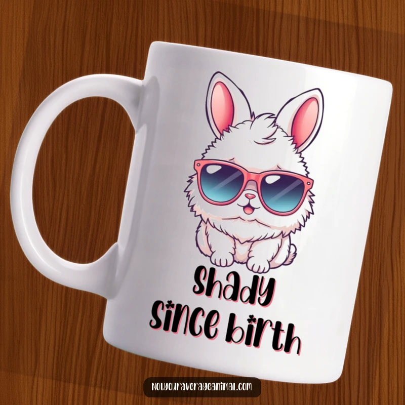 Funny bunny mug with a fluffy rabbit in large, stylish sunglasses, exuding a cool and relaxed vibe, perfect for a chuckle.