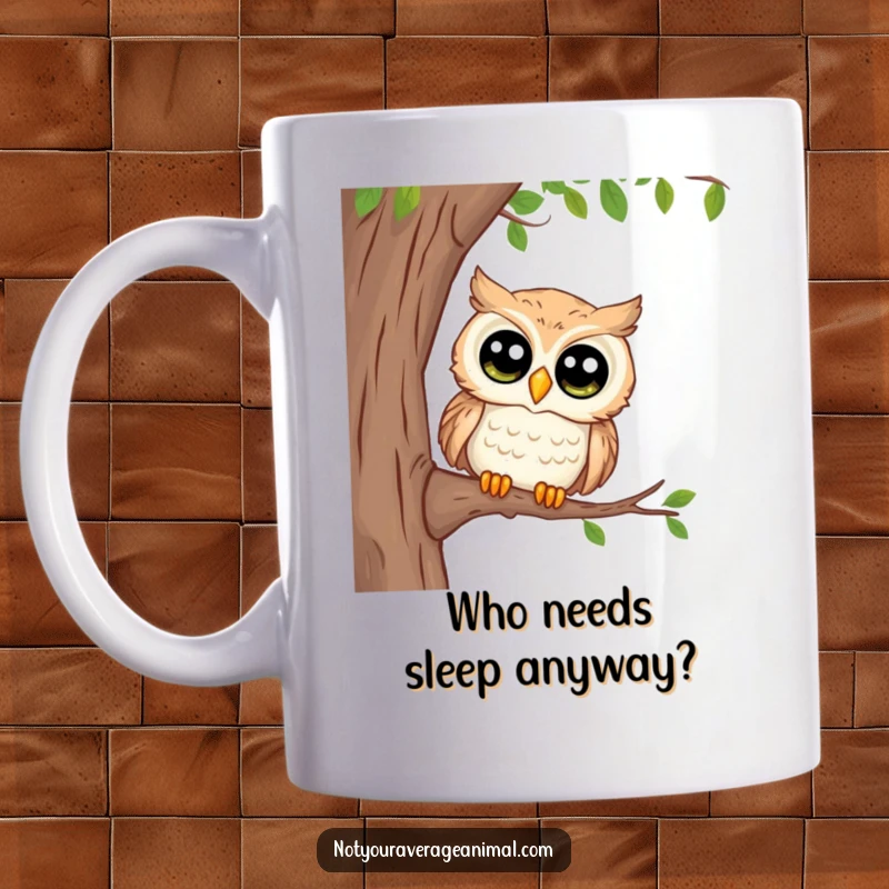 Funny mug of a curious owl with huge, wide eyes peeking from a tree branch, suggesting wisdom, observation, and a touch of playful nosiness.