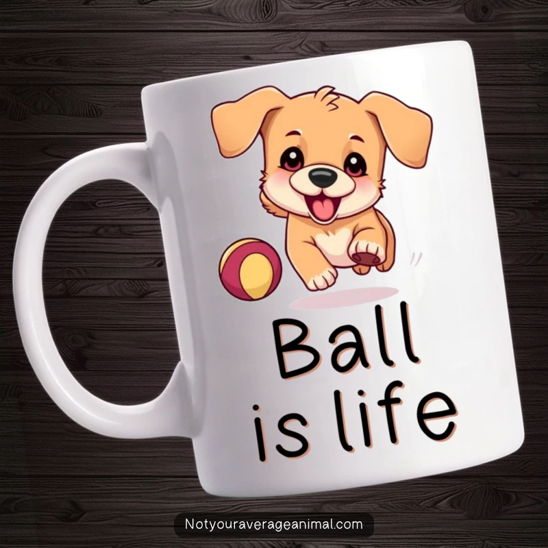 Funny Mug with a playful dog, floppy ears flapping, enthusiastically chasing a bouncing ball with pure joy and determination.