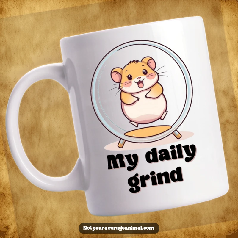 Funny mug with a chubby hamster, spinning enthusiastically inside a clear exercise wheel, embodying tireless energy and fun.