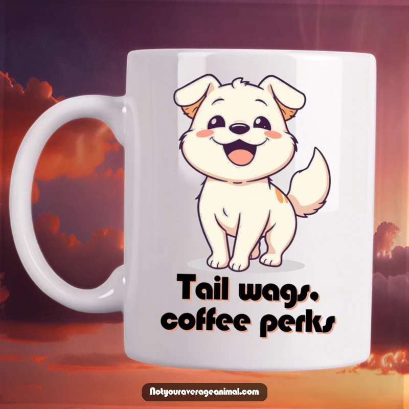 Funny happy dog mug showing an excited dog wagging its tail with extreme enthusiasm, capturing pure canine joy.
