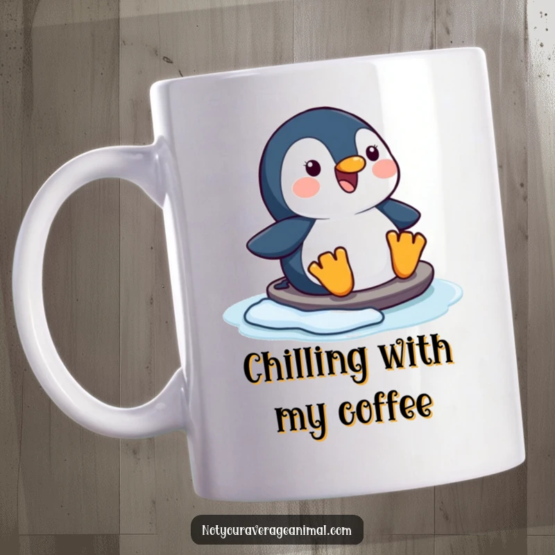 Funny happy penguin mug, gleefully sliding on ice with pure joy, capturing winter's delight.