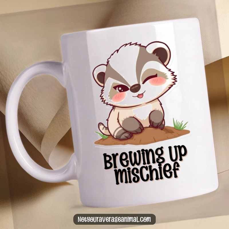 Funny mischievous badger mug, winking slyly while digging a hole, capturing a cheeky personality.