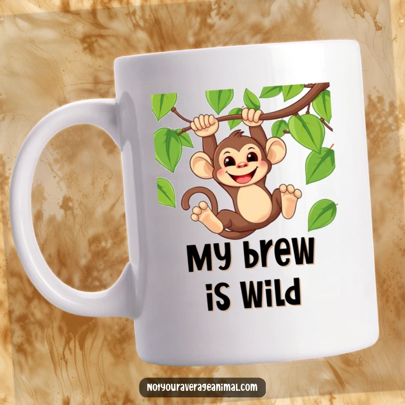 Funny mug featuring a mischievous monkey with a wide grin, swinging playfully from a thick jungle vine.