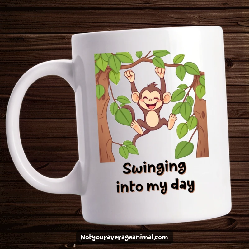 Funny monkey mug featuring a mischievous primate swinging from a vine, with a hearty, infectious giggle.