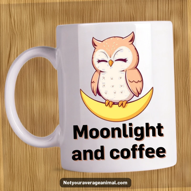 Funny Owl Moon Mug: A contented owl blinks slowly, perched peacefully on a crescent moon, radiating calm.
