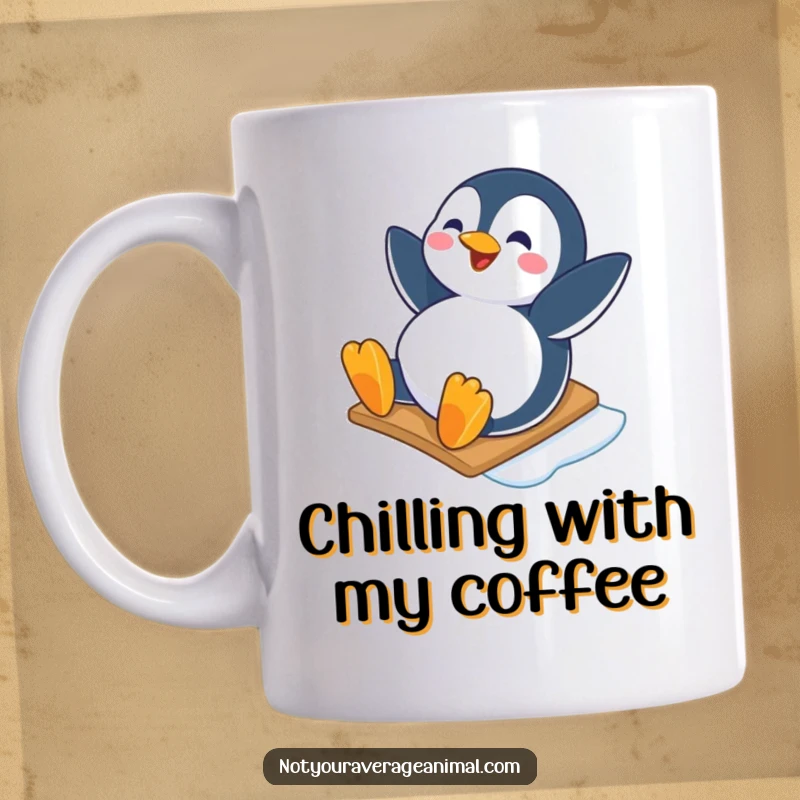 Funny mug depicting a happy penguin character joyfully sliding down an icy slope, perfect for penguin lovers and coffee enthusiasts.