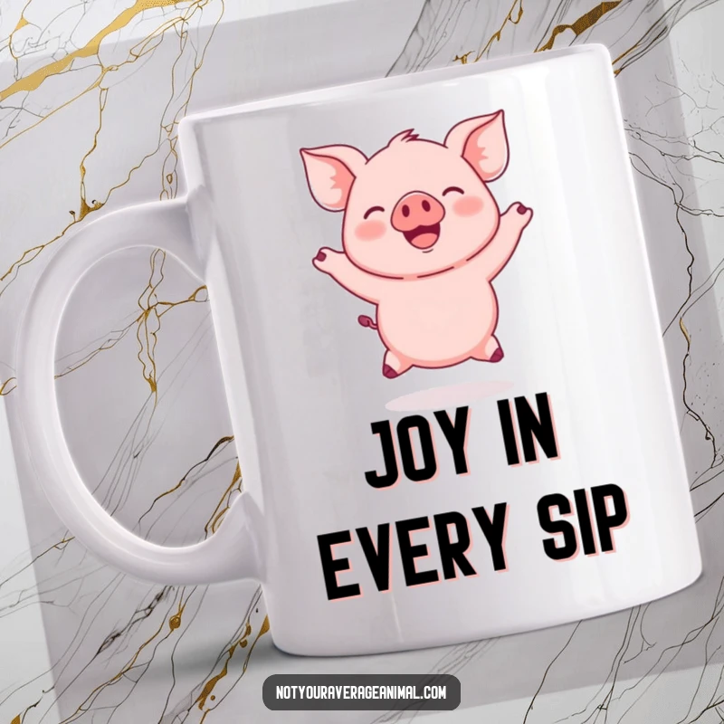 Funny Pink Piglet Mug featuring a round, pink piglet gleefully jumping with ears flapping, radiating pure joy.