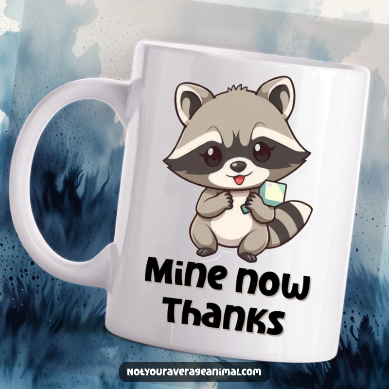 Funny mug featuring a mischievous raccoon character schemingly clutching a glittering shiny object, eyes full of playful cunning.