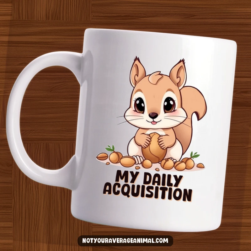 Funny squirrel mug with big eyes diligently gathering nuts, depicting an adorable and humorous scene of woodland activity for a great gift.
