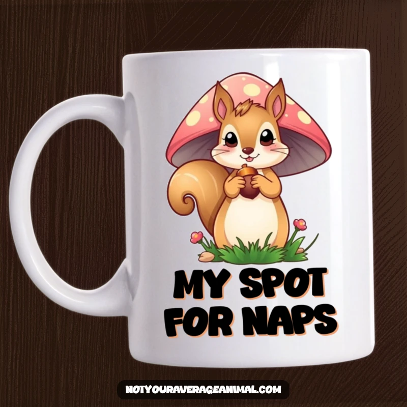 Funny Squirrel Mug: A curious squirrel peeks from a vibrant mushroom, holding an acorn, bringing cozy charm to your coffee time.