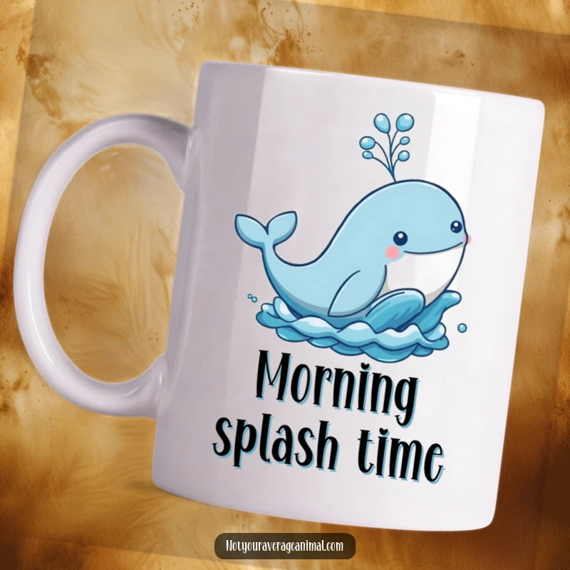 Funny mug showcasing a playful whale dramatically leaping from the ocean, sending a large spout of water into the air.