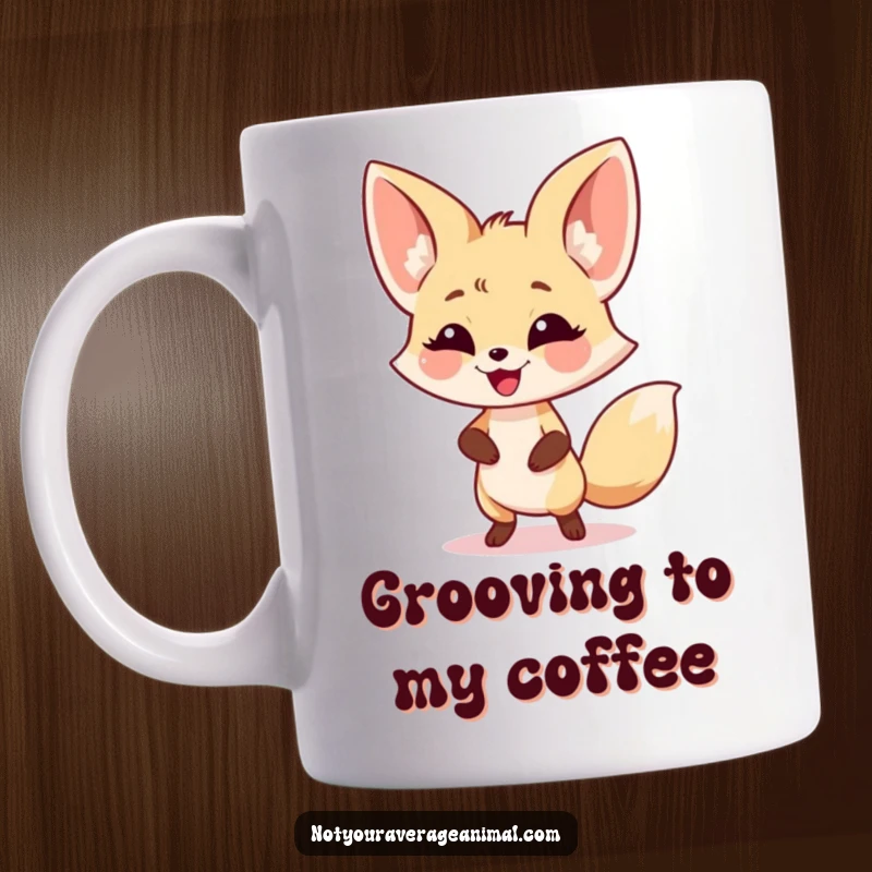 Funny fennec fox mug featuring a smiling character with oversized ears doing a happy little dance, full of joy and energy.