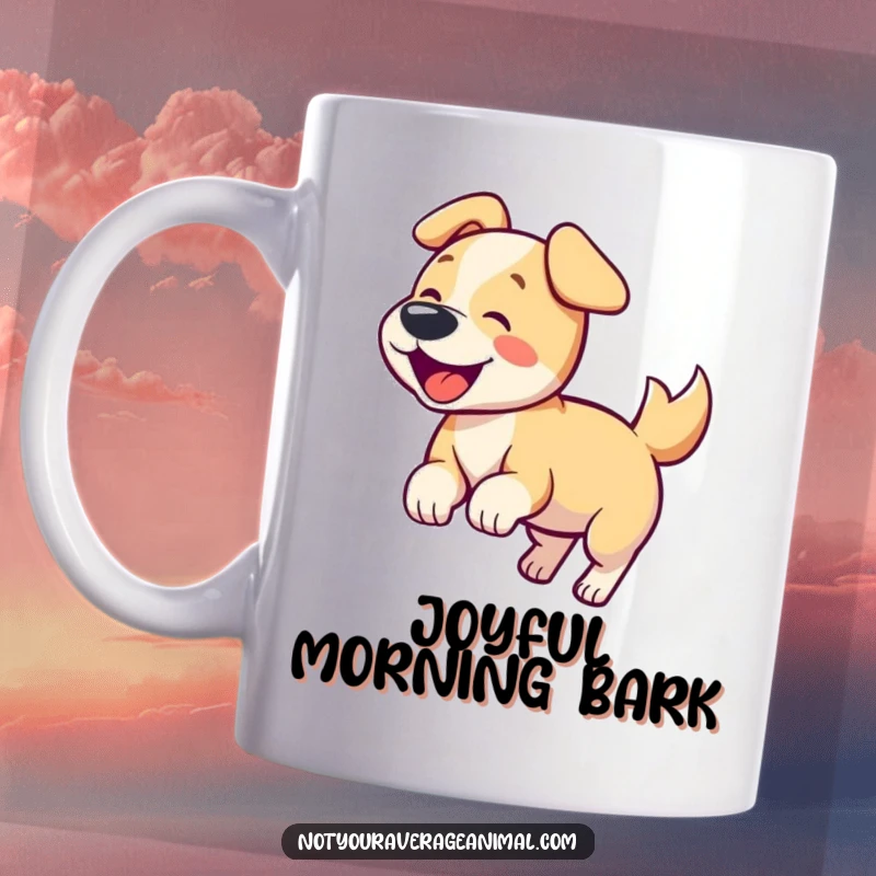 Funny dog mug with a playful dog character wagging its tail vigorously and barking happily, radiating excitement.