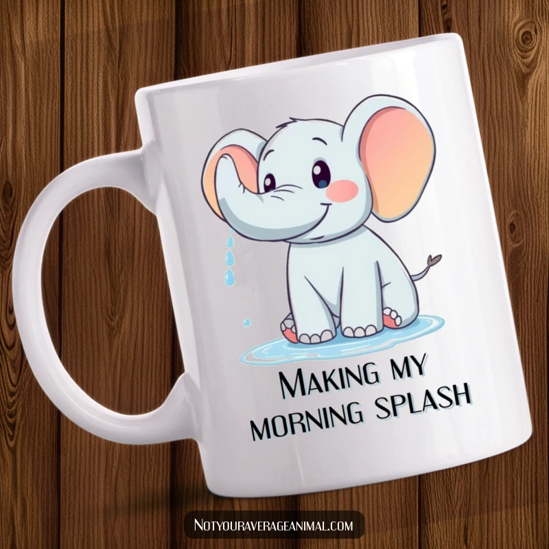 Funny mug featuring a friendly elephant joyfully spraying water with its trunk, celebrating carefree fun.