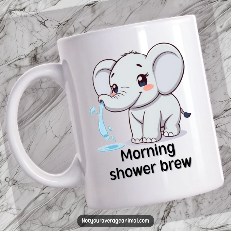 Funny elephant mug with a friendly elephant happily spraying water from its trunk, symbolizing joy and refreshment.
