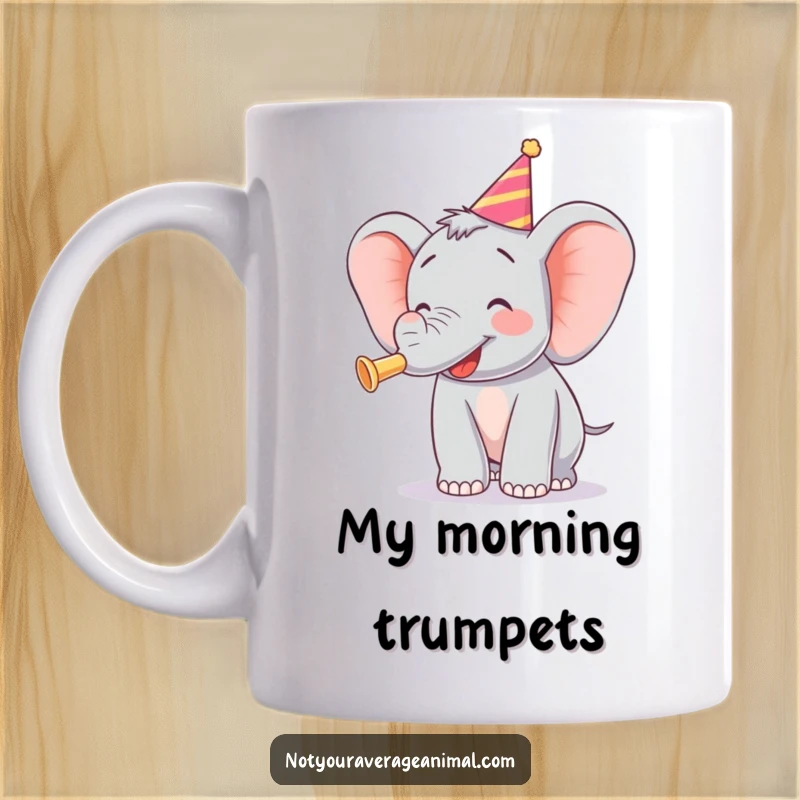 Funny mug featuring a jubilant elephant joyfully blowing a colorful party horn, radiating pure excitement.