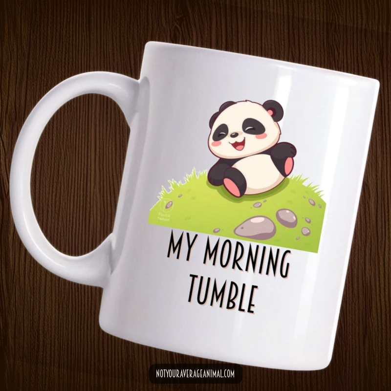 Funny giggling panda cub joyfully rolling down a grassy hill, captured mid-tumble on this mug.