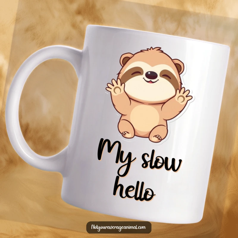 Funny mug featuring a joyful sloth character with a big smile, slowly waving hello, radiating warmth and happiness.