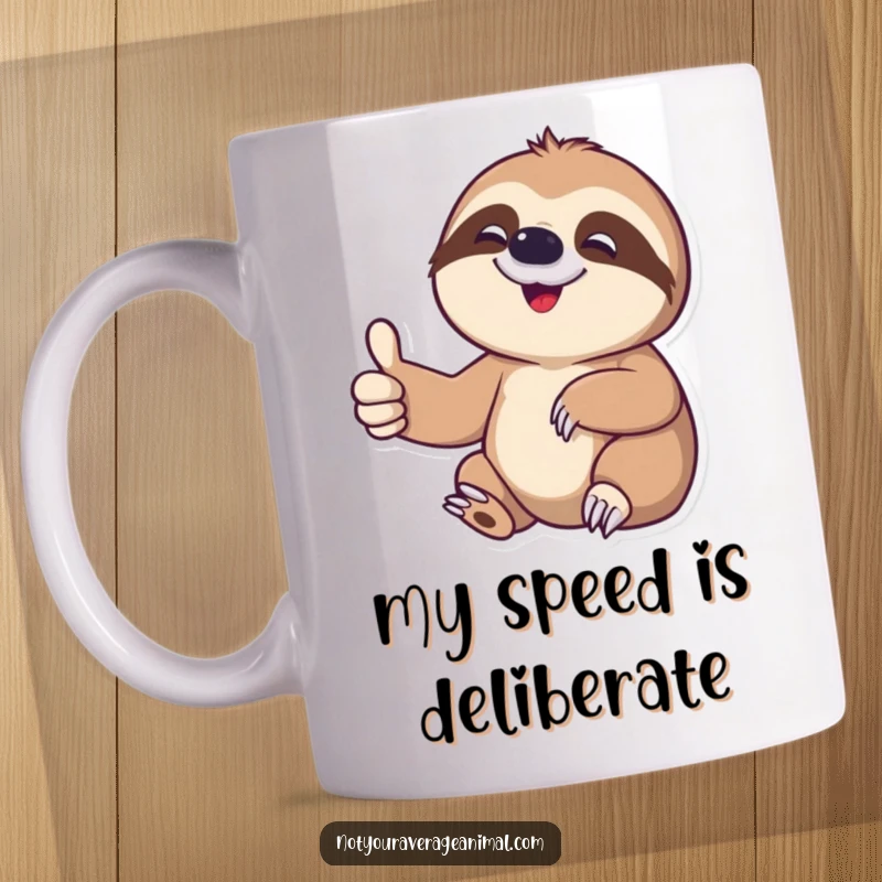 Funny sloth mug with a delighted character slowly giving a thumbs-up, representing a relaxed and humorous attitude.