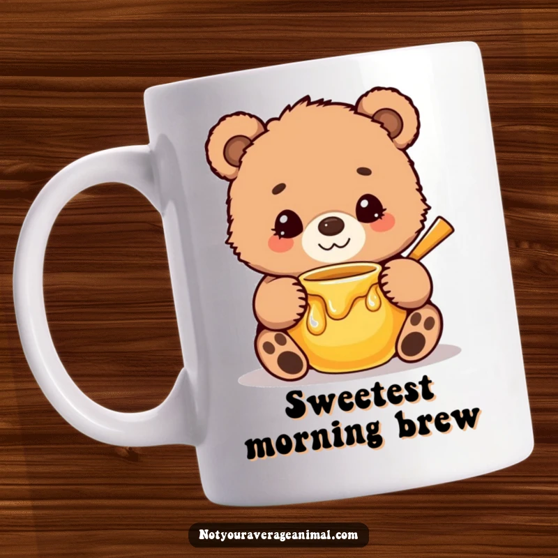 Funny Mug featuring a cute, fuzzy bear cub with a sweet smile, affectionately hugging a delicious honey pot, radiating warmth.