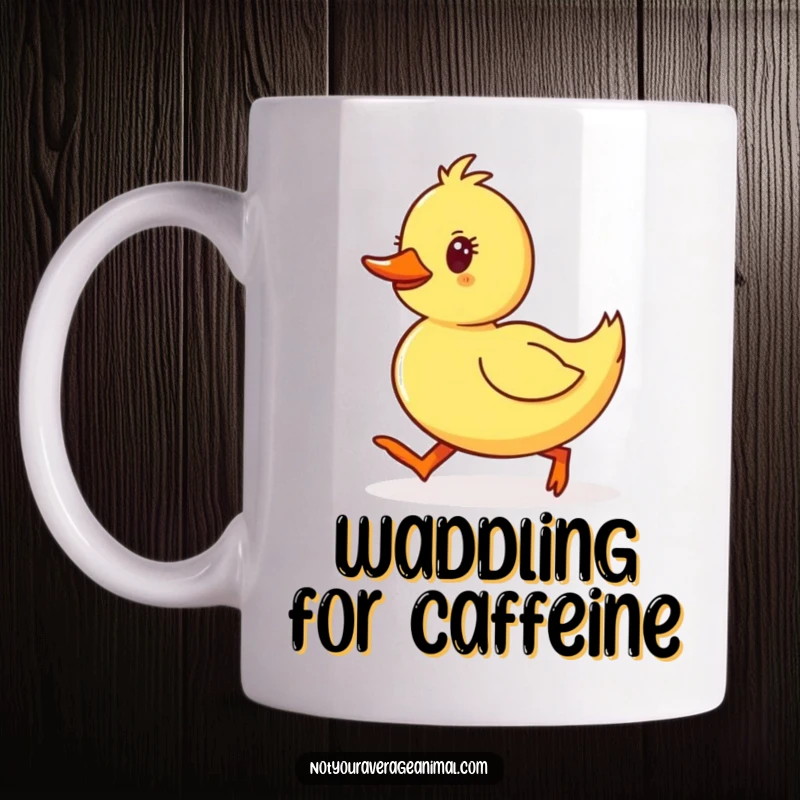Funny Duckling Mug featuring a small, yellow duckling waddling with determined, happy steps, radiating charm and purpose.