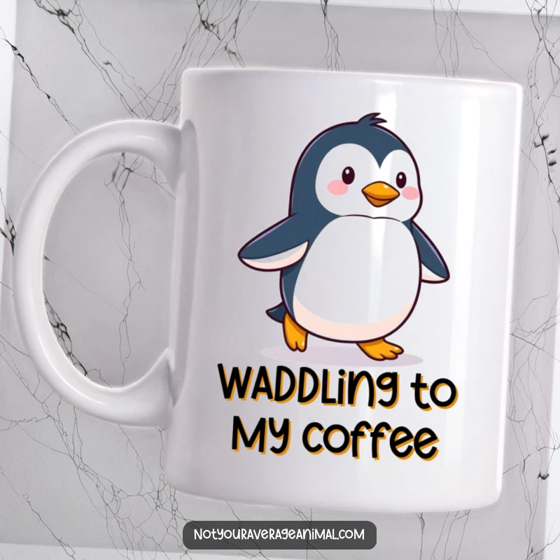 Funny mug showcasing a proud penguin waddling with an unmistakable happy stride and confident posture.