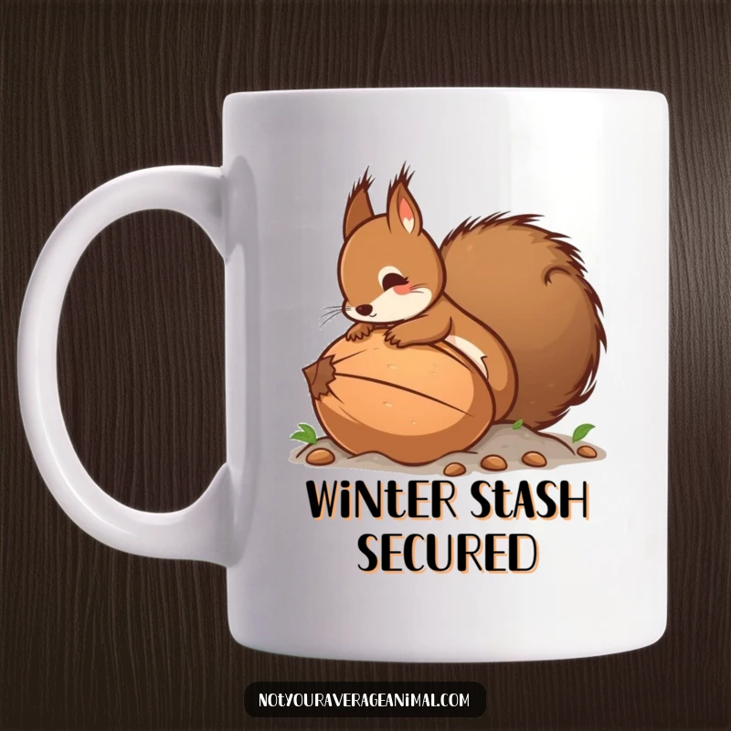 Funny mug showing a small squirrel with a bushy tail struggling to bury an oversized nut, a comical scene of nature's bounty.